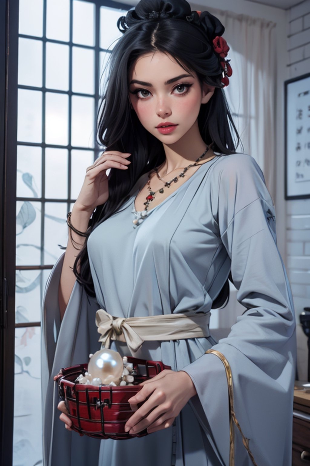 best quality, masterpiece, ultra high res, (photorealistic:1.4), raw photo, ((detail skin)), ((beautiful skin)), realistic, perfect lighting, 
1girl,solo, (HOG_Calligraphy_Tatoo, basket, birdcage, black_hair, cage, curtains, flower, hand_fan, hanfu, indoors, jewelry, lips, long_sleeves, necklace, pearl_necklace, )