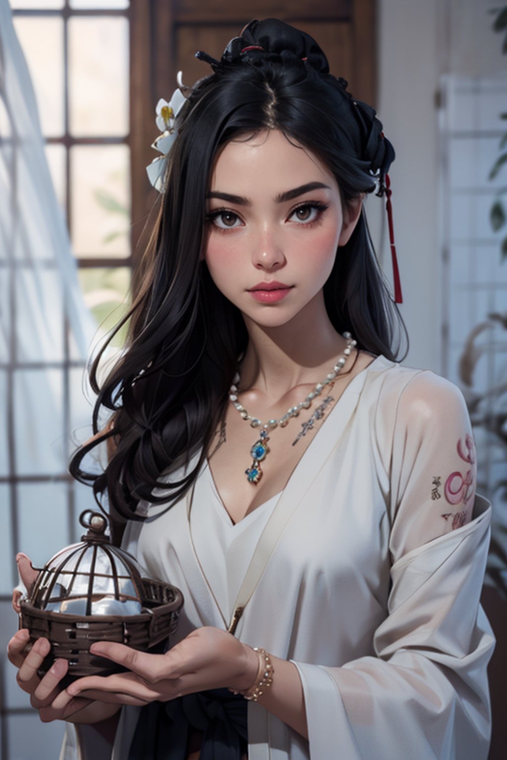 best quality, masterpiece, ultra high res, (photorealistic:1.4), raw photo, ((detail skin)), ((beautiful skin)), realistic, perfect lighting, 
1girl,solo, (HOG_Calligraphy_Tatoo, basket, birdcage, black_hair, cage, curtains, flower, hand_fan, hanfu, indoors, jewelry, lips, long_sleeves, necklace, pearl_necklace, )