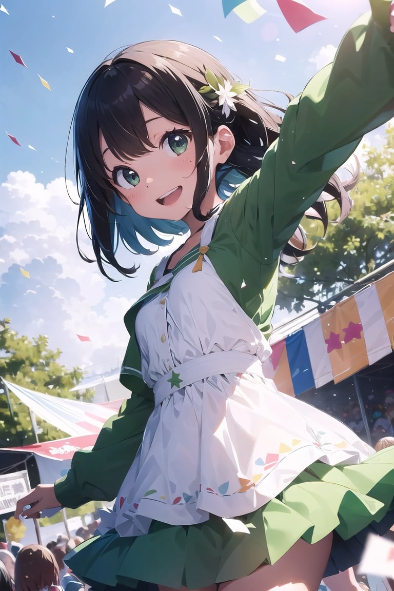 absurdres, highres, high quality, million+girls, group shot, festival, confetti, green theme, smile, outstretched arm, outstretched arms, outstretched hand, reaching,