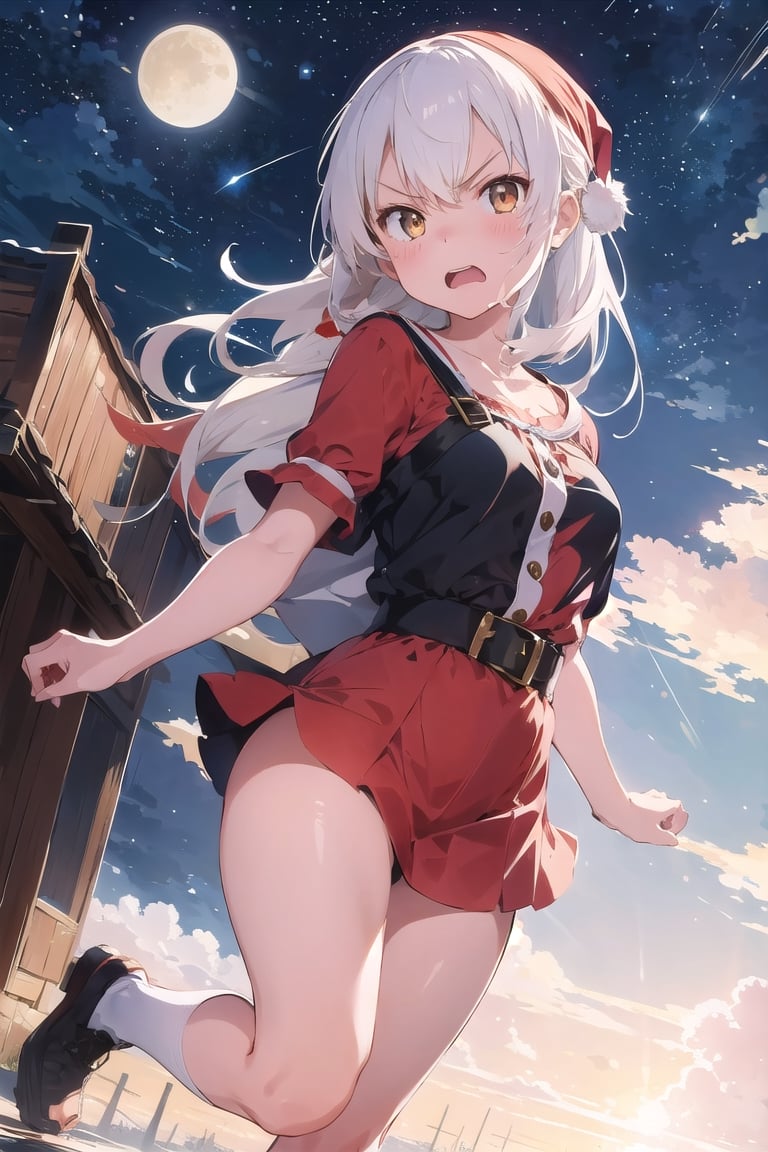 lustration of cute girl, (anime style), (flat:1.5), BREAK, 1girl, solo, (santa claus clothes),white hair, bangs bangs, full body, Looking viewer, (angry:1.5),