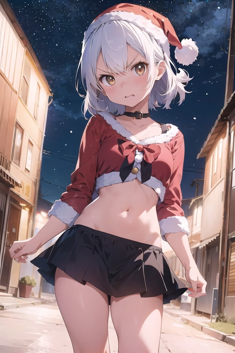 lustration of cute girl, (anime style), (flat:1.5), BREAK, 1girl, solo, (santa claus clothes),white hair, bangs bangs, full body, Looking viewer, (angry:1.5),