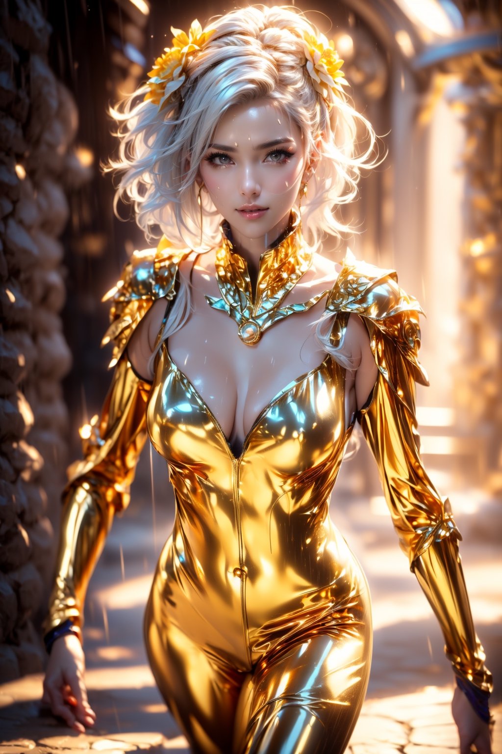 (((sunlight))),  (((goddess))), Makeup, More Detail, 5_figners , (((magic circle))), (((shine))), (((white  hair))), (((bodystocking))),(((flower))),(((happiness))),(((running))),(((facial pattern)))
(((rain))),(((Random hairstyle))),(((golden beam))), (((golden runes))),