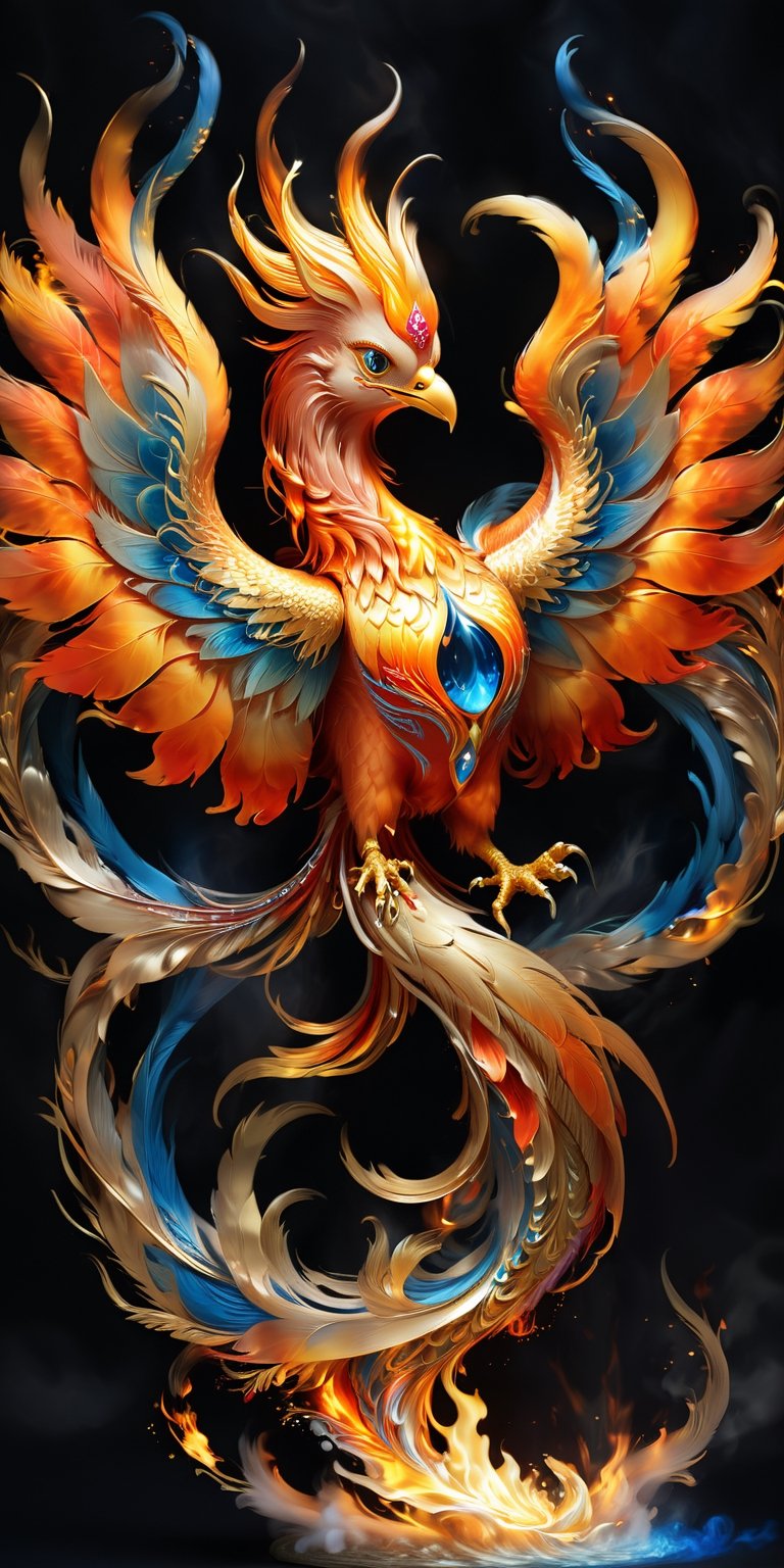 Craft a visually stunning and ethereal depiction of a fantasy fire phoenix, radiating breathtaking beauty with its majestic flames. Picture the phoenix against a mesmerizing backdrop, capturing the essence of its fiery essence in a way that evokes wonder and awe. Envision a scene that seamlessly blends the mythical elegance of the phoenix with the enchanting allure of its surroundings,dragon chinese