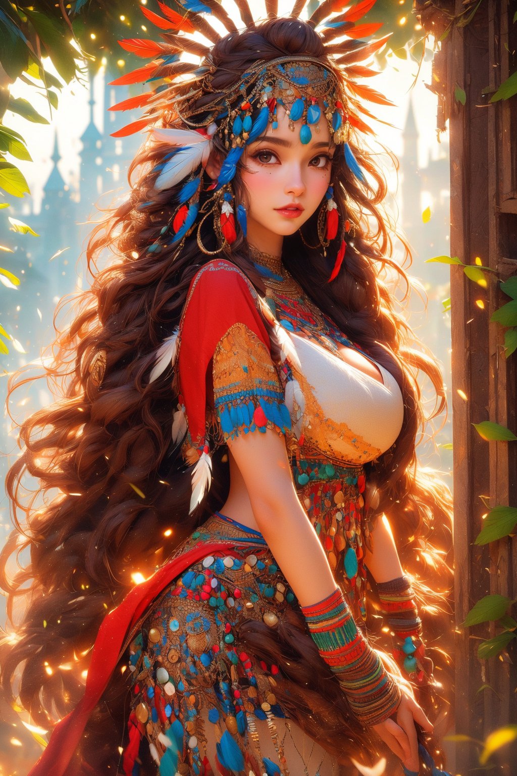 busty and sexy girl, 8k, masterpiece, ultra-realistic, best quality, high resolution, high definition, Tribal girl, feather headdress,
((intricate dancer outfit)), (ultra massive big hair volume, super long wild outrageous hair growth, Jewelled headdress), decorative flowers,  overgrown ruins