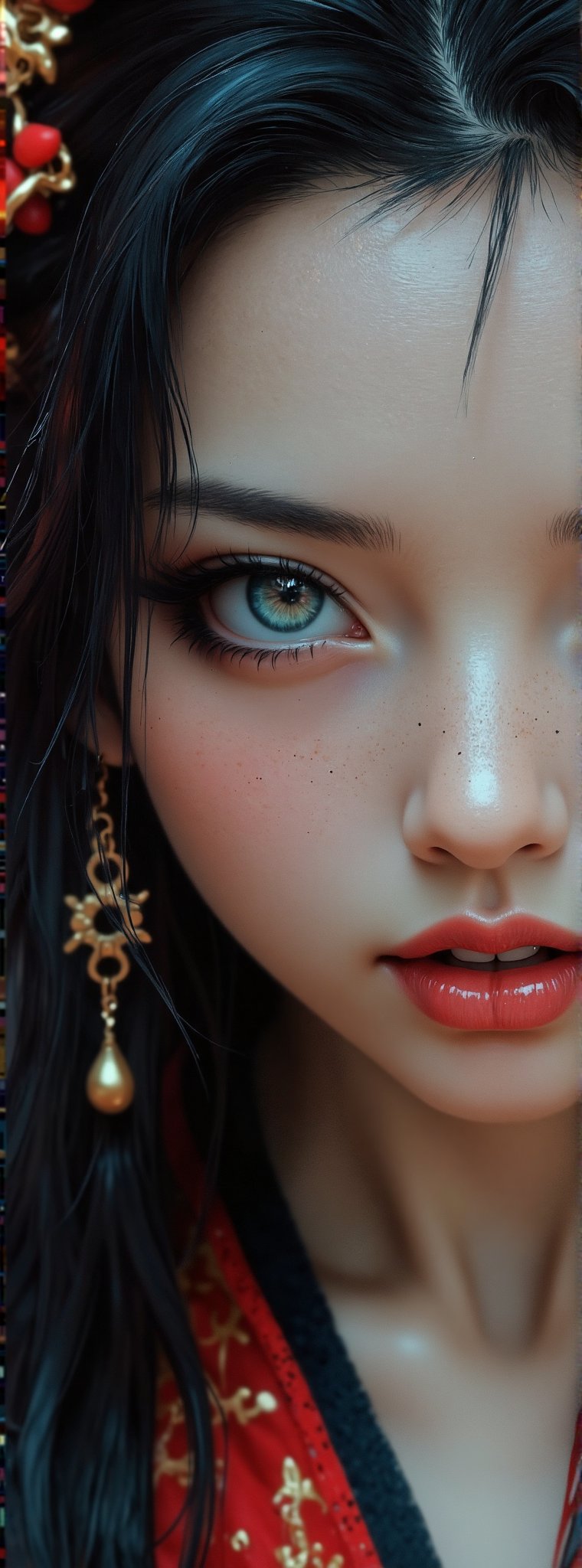 Score_9, score_8_up, score_7_up, fangs, 1girl, ancient oriental beauty, looking at the audience, solo, cool, exquisite facial features, exquisite blue eyes, eye shadow, long eyelashes, long black hair, open mouth, teeth, red lips, lipstick , tongue, close-up, makeup, Hanfu, jewelry, earrings, portrait, close-up, amazing scenery, movie special effects style.