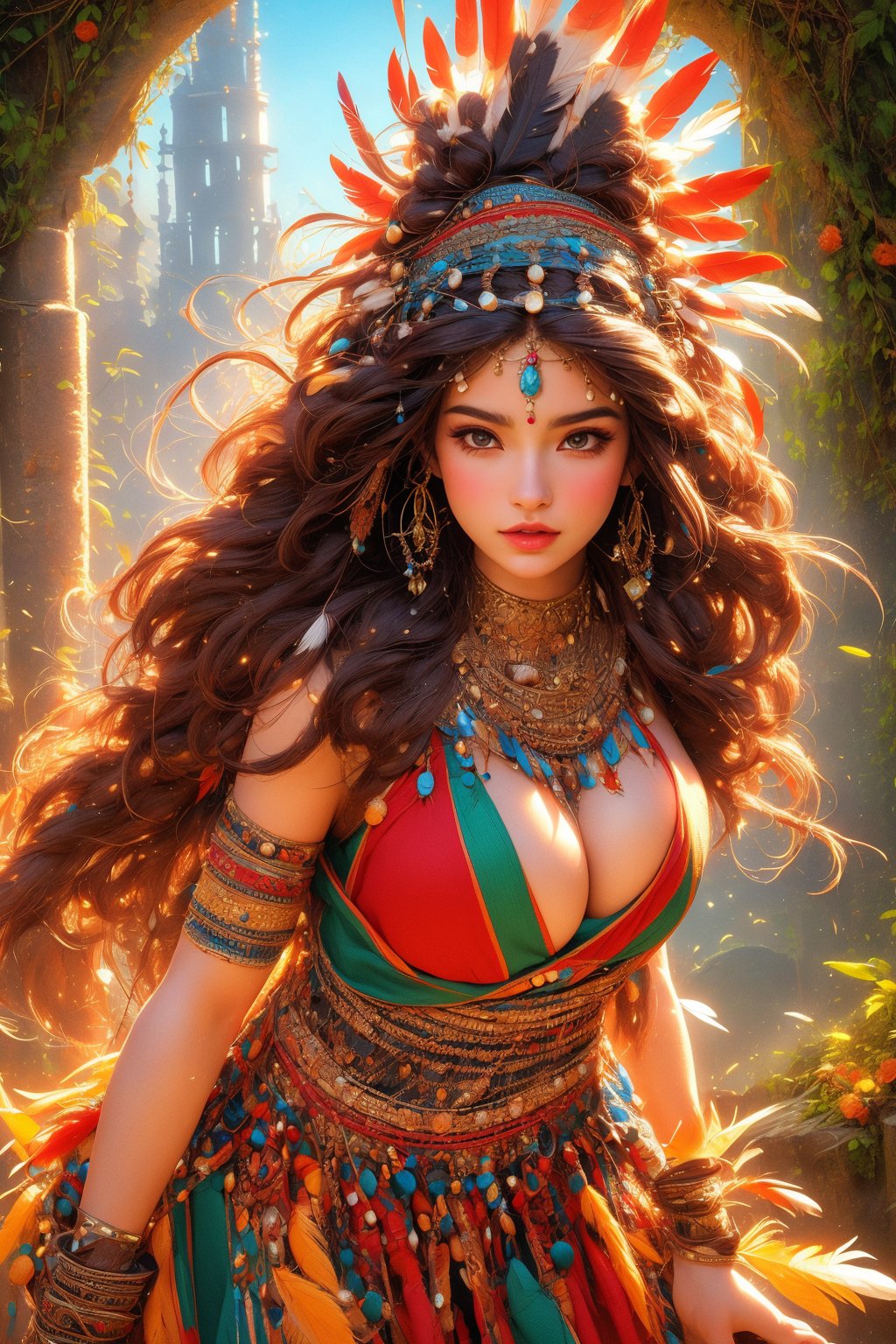 busty and sexy girl, 8k, masterpiece, ultra-realistic, best quality, high resolution, high definition, Tribal girl, feather headdress,
((intricate dancer outfit)), (ultra massive big hair volume, super long wild outrageous hair growth, Jewelled headdress), decorative flowers,  overgrown ruins