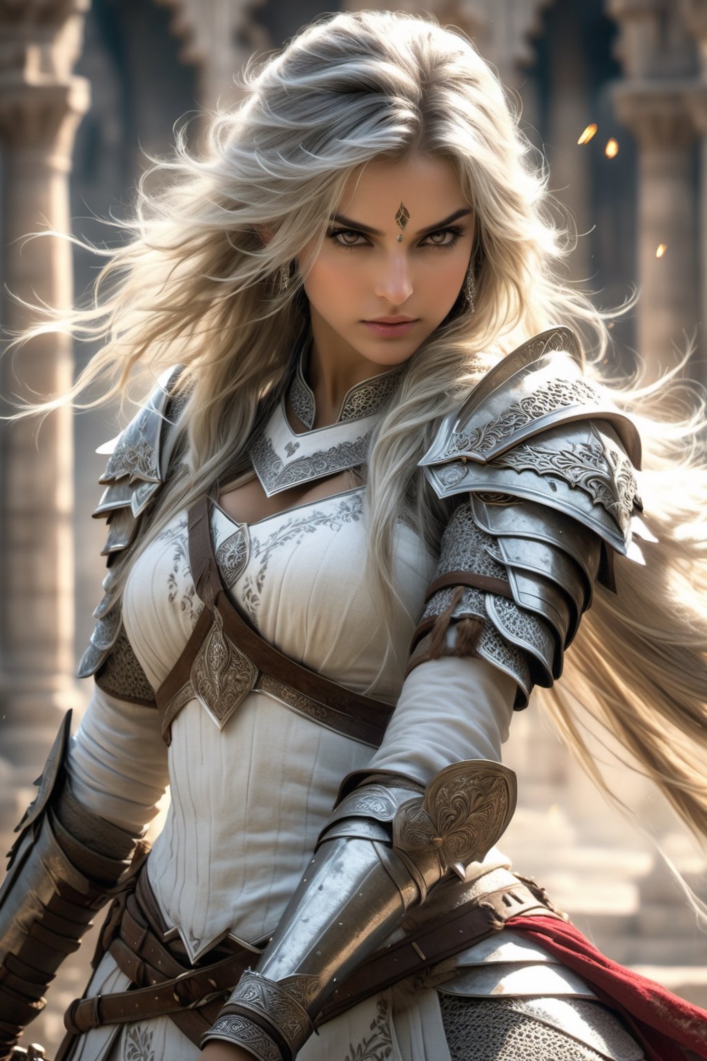 Indian style, fantasy, solo, cute girl, knight outfit, white & silver long hair, battle, faithing, enemy, ruins, holding long sword, (masterpiece), (best quality), (ultra-detailed), (an extremely delicate and beautiful), ((textile shading)), (caustics), (((sharp focus))), big breast 