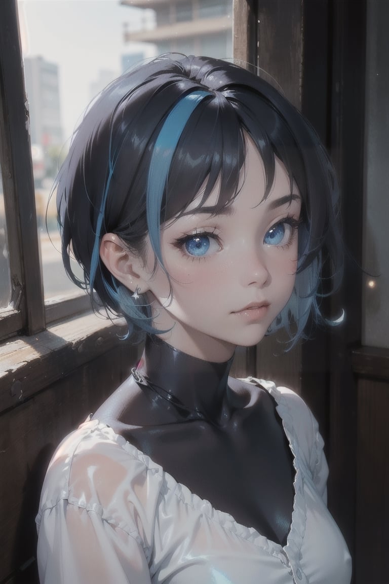 atmospheric scene, masterpiece, best quality, (detailed face, detailed skin texture), (cinematic light: 1.1), High detailed, Color magic, 1female, full body, black hair, (blue highlight: 1.5), (short hair, wolfcut), blue eyes, pretty eyes, starry eyes, hoshimachi suisei,Short Hair