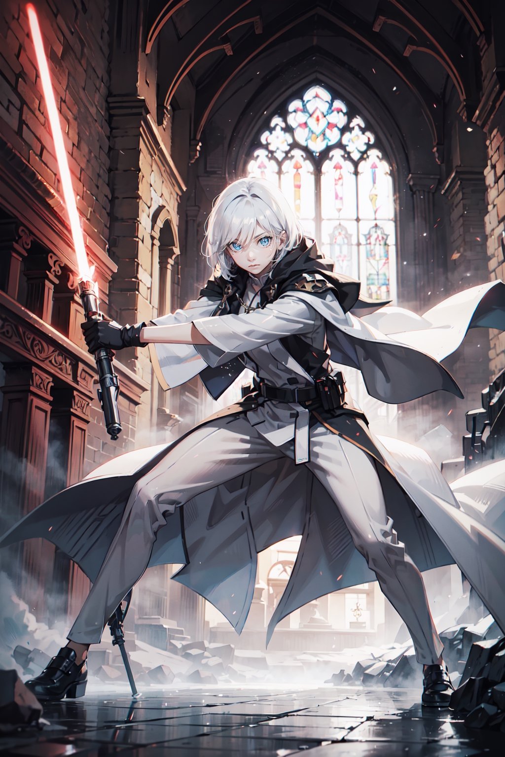 atmospheric scene, masterpiece, best quality, (detailed face, detailed skin texture), (cinematic light: 1.1), full body, 1girl, bangs, hair between eyes, white hair, shorthair, blue eyes,  slit pupils, church, slender, white cloak, suit, wielding blue 1light saber on right hand, better_hands, dynamic pose,