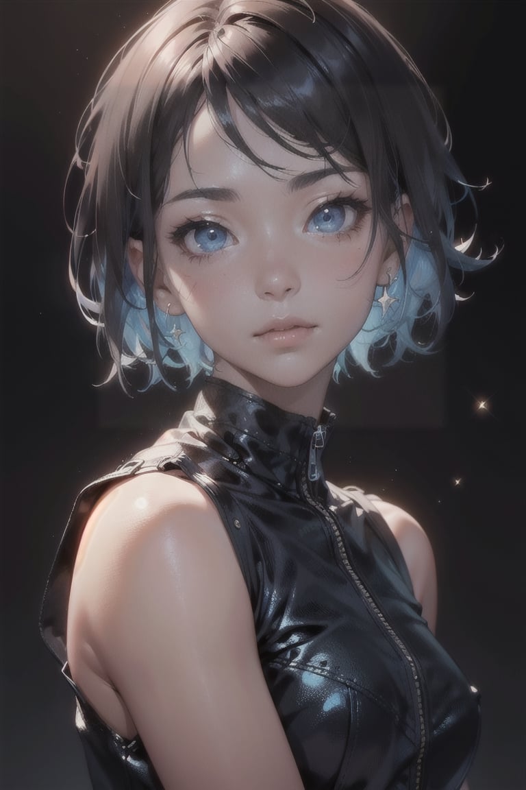 atmospheric scene, masterpiece, best quality, (detailed face, detailed skin texture), (cinematic light: 1.1), High detailed, Color magic, 1female, full body, black hair, (blue highlight: 1.1), (short hair, wolfcut), blue eyes, pretty eyes, starry eyes, hoshimachi suisei,Short Hair