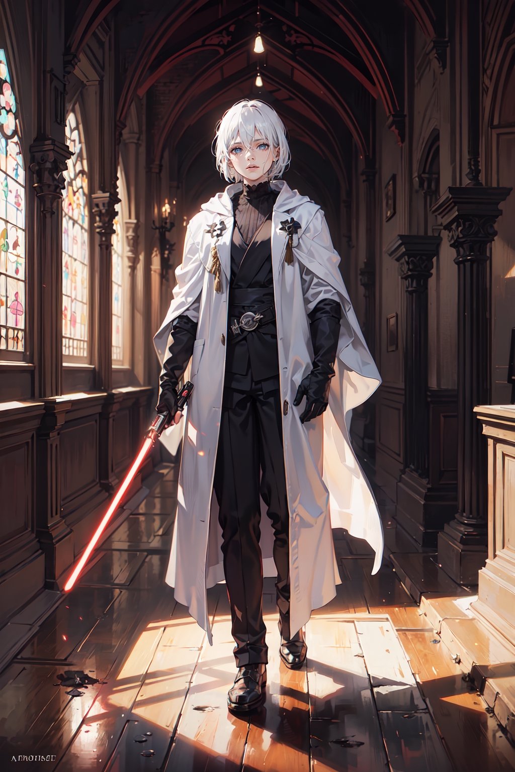 atmospheric scene, masterpiece, best quality, (detailed face, detailed skin texture), (cinematic light: 1.1), full body, 1girl, bangs, hair between eyes, white hair, shorthair, blue eyes, church, slender, white cloak, suit, wielding 1light saber on right hand, better_hands,