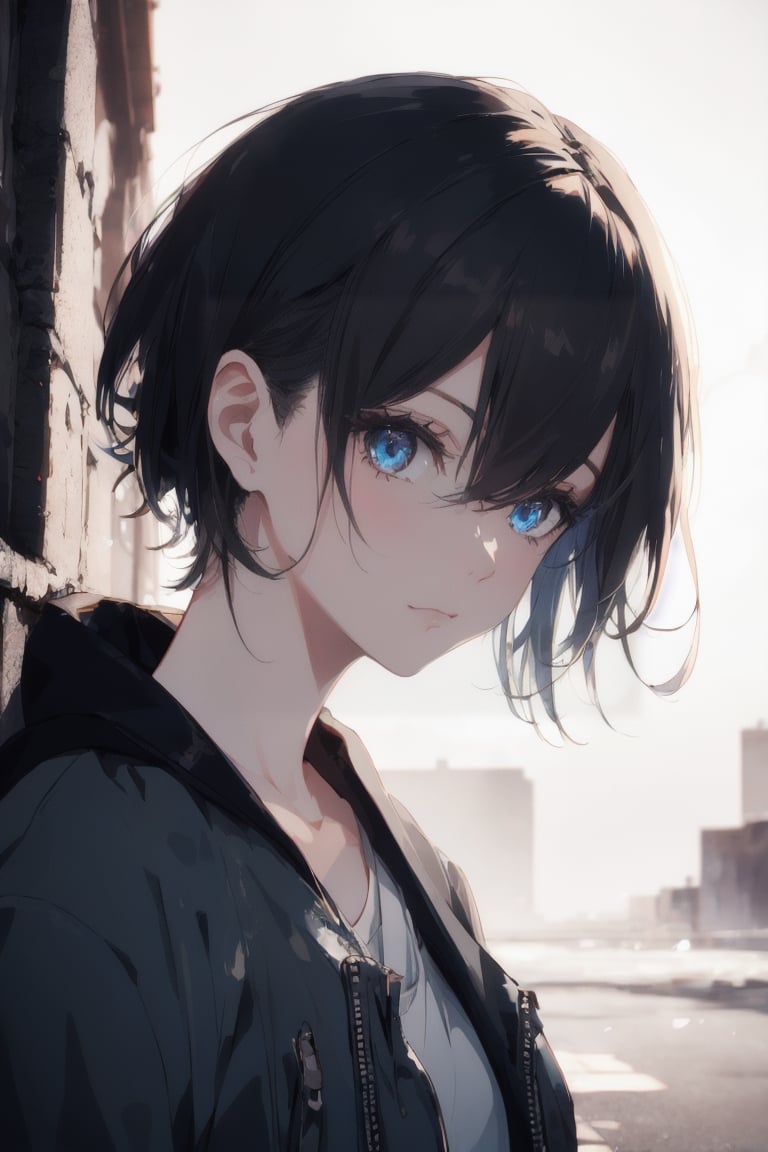 atmospheric scene, masterpiece, best quality, (detailed face, detailed skin texture), (cinematic light: 1.1), fullbody, 1female, black hair, (blue highlight: 0.9), short hair, blue eyes, hoshimachi suisei,