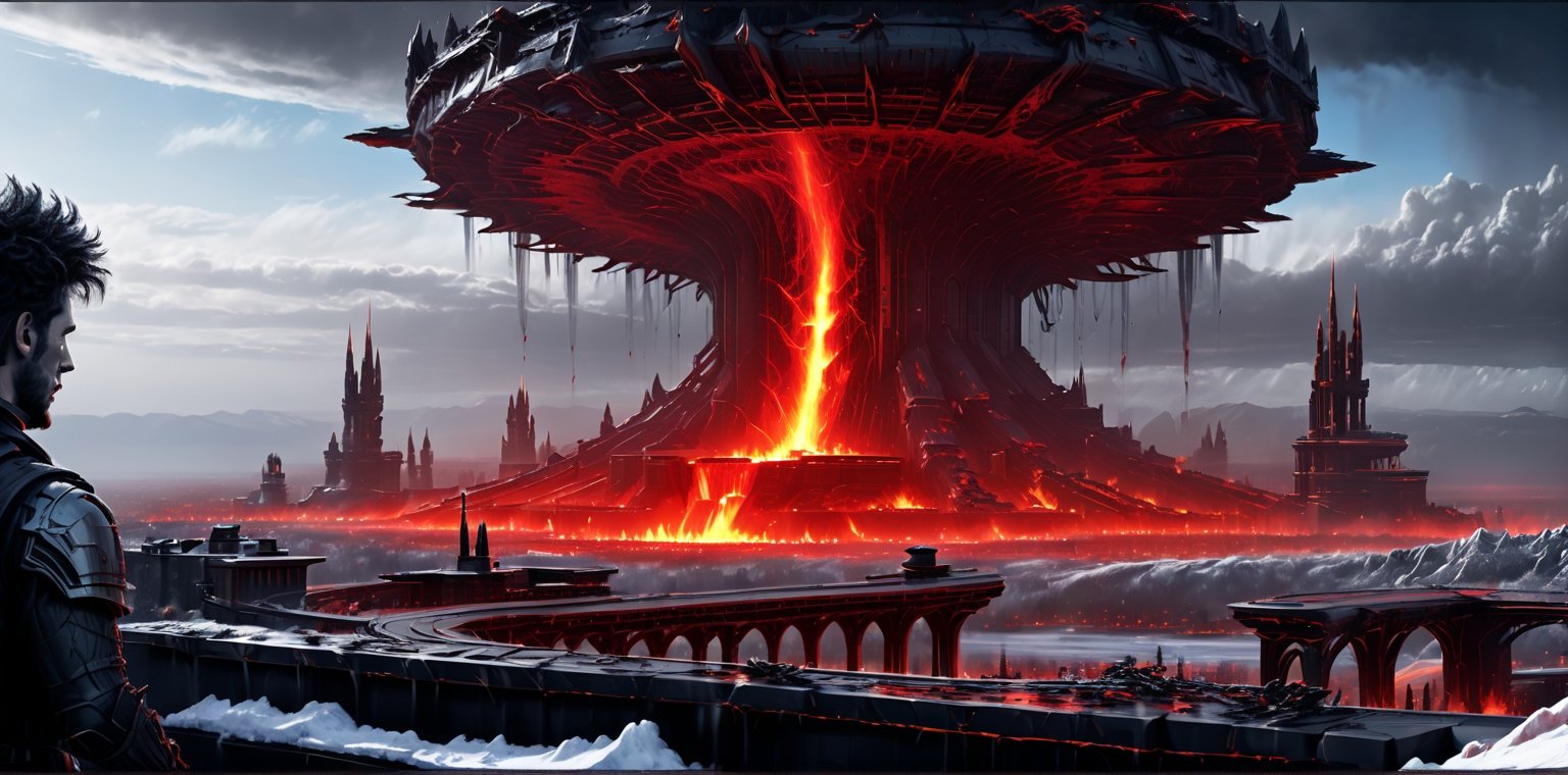 ((best quality)), ((masterpiece)), ((realistic,digital art)), (hyper detailed),  (((more sky))),Gothic, sunset, Roughe terrain,Nightlights, Widwscreen,Fire, Neonlights, (((Vulcano eruption)))), bridges, river, dark, rain, Roger Dean style,Dragon, people, smoke, lightning, Darksky, Distant horizon, Low camera,Pyroclastiic fall, ,


 birds,Epic metalband, Skyline View, octane rendering, raytracing, volumetric lighting, Backlit,Rim Lighting, 8K, HDR,   <
,wrench_elven_arch,DonMC3l3st14l3xpl0r3rsXL,shodanSS_soul3142,fantasy00d,More Detail,no_humans,Mecha body,Futuristic room,Nature,FFIXBG,science fiction,more detail XL,blood and black,cinematic  moviemaker style,greg rutkowski,snow,ice