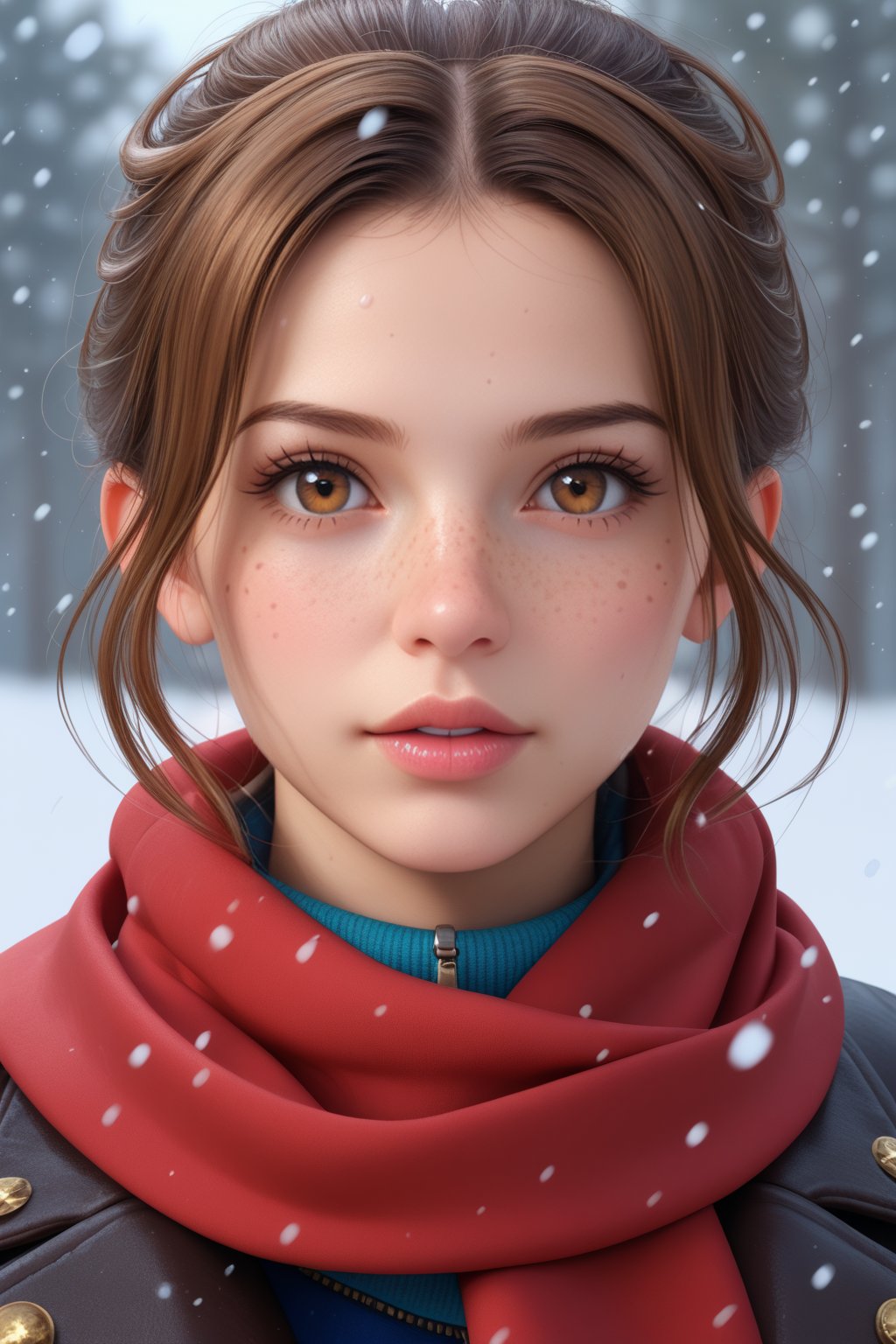 female, solo, snow, human, feral, clothing, hair, scarf, looking_at_viewer, mammal, brown_hair, brown_eyes, hi_res, bust_portrait, 3d_(artwork), human_focus, not_furry_focus, 1girl, red scarf, brown eyes, brown hair, realistic, snowing, parted lips, looking at viewer, lips, freckles, portrait, nose