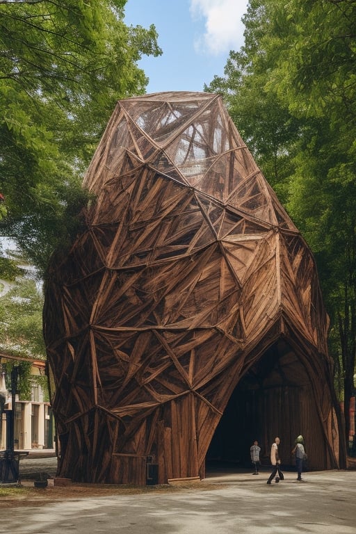 amorphous shelter covered in small parts in wood color, realistic people walking, urban plaza environment |night scene|  light interior