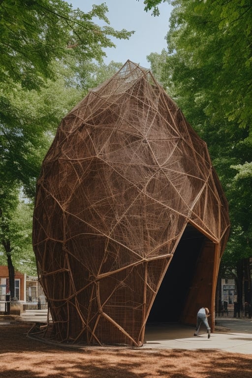 amorphous shelter covered in small parts in wood color, realistic people walking, urban plaza environment, night scene