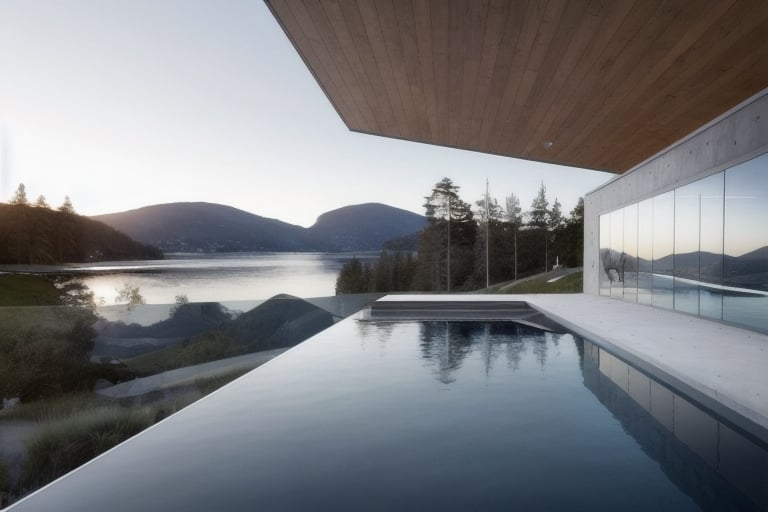 amorphous sMinimalist, modern, straight geometric house, exposed concrete, full glass, pool with reflections in water, location on a mountain slope, view of the landscape, setting at sunset.helter covered in small parts in wood color, realistic people walking, urban plaza environment,dvarchmodern