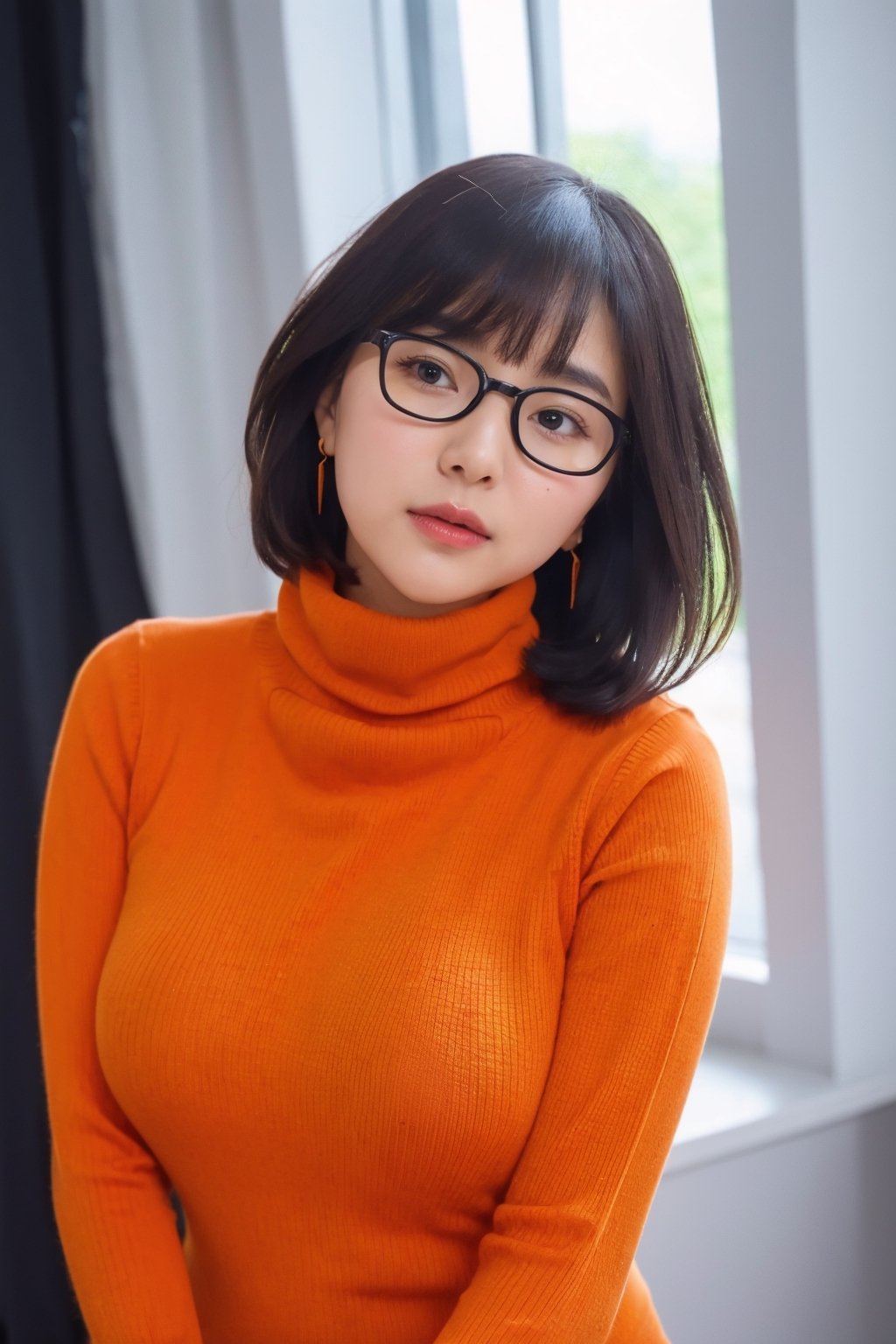 1girl, beautiful face, earrings, wearing (orange turtleneck sweater:1.2) up to her chin,((eye glases)), short dark hair, (simple plain background),busty body,gigantic breast,half body,cleavage,wul4n,nodf_lora,sarahviloid,cwkimt