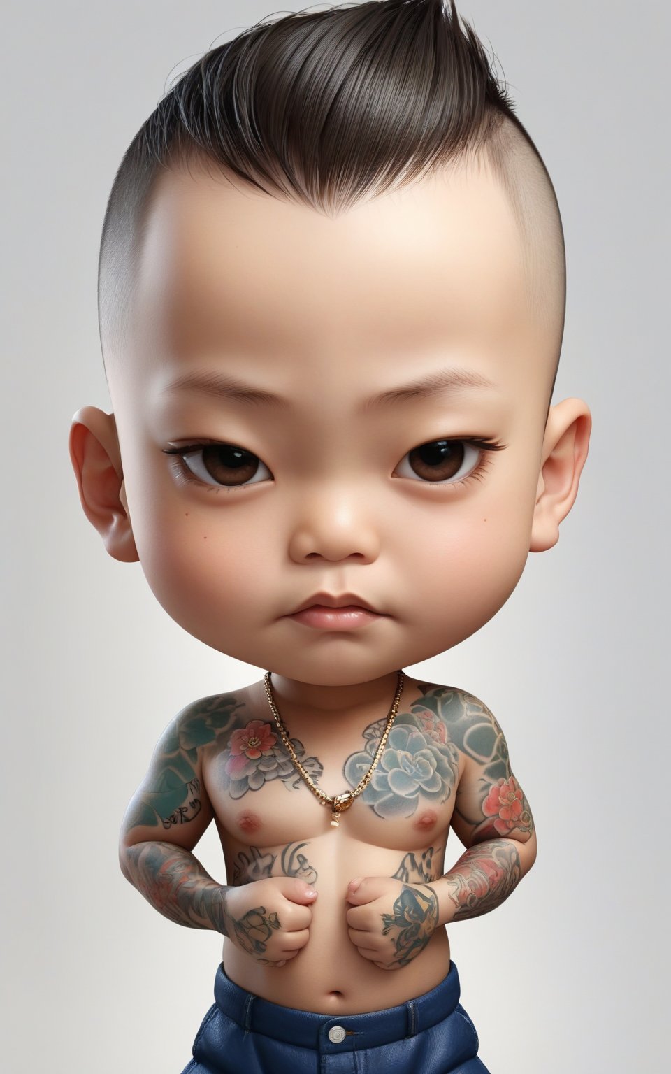 extreme charicature ,full body,litle boy, half body, big head, yakuza, full body tatto, 
 simple background, 3d caricature style, 