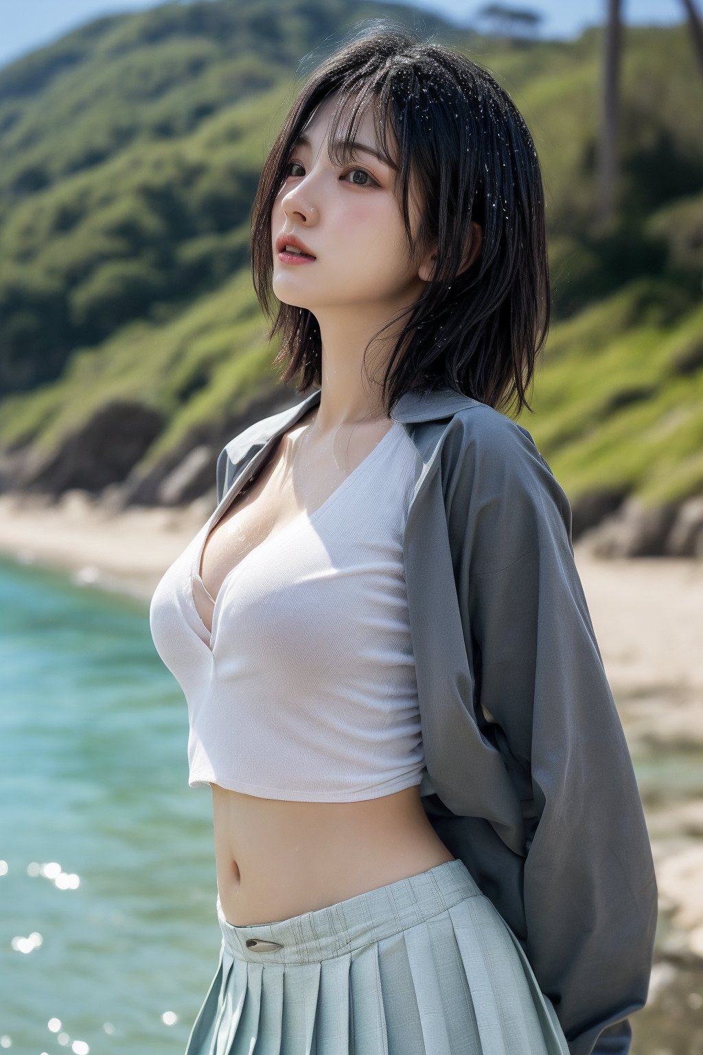 A 18 year girl, wolfcut haircut, wolfcut,  black_hair, detailed face, detailed nose, detailed hairs, place Japan, eungirl, with full body in frame, wearing cropped school shirt, unbuttoned shirt, pleated skirt revealing belly button ladylike, delicate, graceful figure, beautiful and sexy supermodel, beautiful and perfect face, suitable body, correct anatomy, Bright eyes, realistic body, realistic, 16k resolution, original image, high details, high image quality, sharp focus, dynamic light, medium depth of field,  whole body, place by the beach, wet clothes, taking off shirt pose

Half_body shot from the side angle, facing the camera, far from the camera