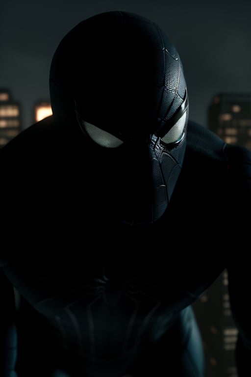 A close-up shot of Andrew Garfield's face, eyes gleaming with intensity as he gazes out from beneath the black, sleek symbiote-infused Spider-Man costume. The camera frame is tight, emphasizing his features and the dark, web-like patterns on his suit. A hint of cityscape glows in the background, casting a moody tone. Garfield's pose exudes confidence and power as he confronts an unseen threat.