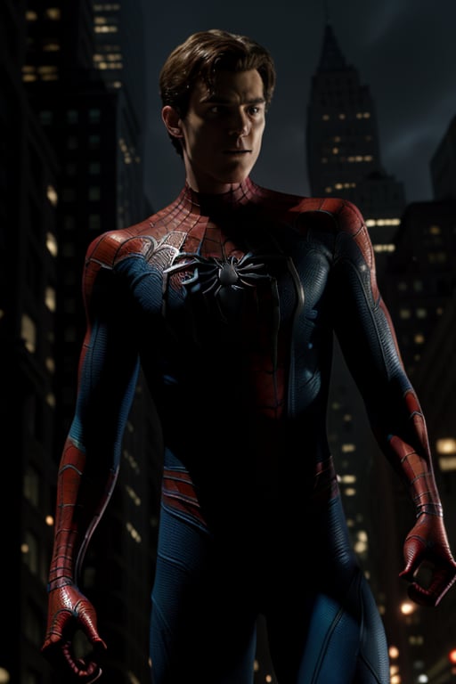 Andrew Garfield's Spider-Man emerges from shadows, eyes blazing with intensity as he surveys the dark cityscape behind him. The tight frame focuses on his chiseled features, symbiote-infused suit, and the intricate web-like patterns that seem to pulse with energy. His confident stance radiates power, as if prepared to face any unseen threat head-on.