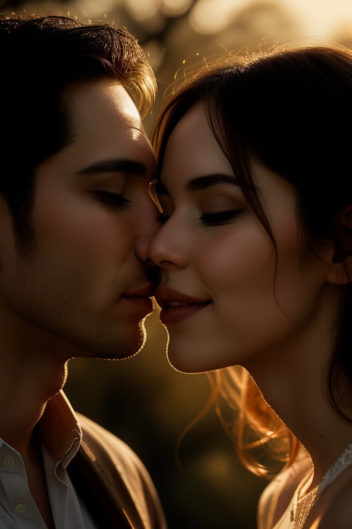 A tender moment captured in warm, golden light. A man's lips gently press against the woman's, their faces inches apart as they share a romantic kiss. The woman's eyes are closed, her expression one of pure joy and affection. The man's face is aglow with love, his eyes locked on hers as he deepens the kiss. Soft focus and a shallow depth of field emphasize the intimacy, blurring the background into a warm, golden haze.