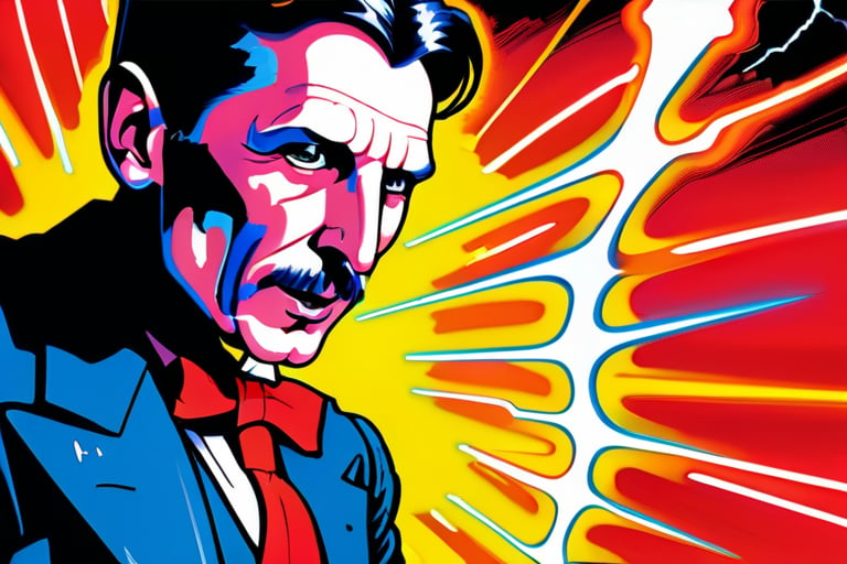 Electric Visionaries: Nikola Tesla Unleashed!: A DC Comic Book Cover Page. Framed by a bold, electric blue border, Nikola Tesla, the genius inventor, stands heroically, his eyes aglow with lightning-inspired energy. His suit crackles with electricity as he summons a swirling vortex of blue and white sparks. In the background, a massive tesla coil hums to life, casting an otherworldly glow over the scene. Vibrant colors burst forth: neon blues, fiery oranges, and electric yellows. Tesla's iconic hairdo stands on end, electrified by his own innovative spirit. The title Electric Visionaries arcs across the top in gleaming metallic script, while the tagline Harnessing the Power of Tomorrow crackles with energy below.