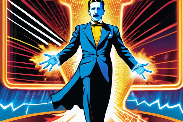 Here's a prompt for an SD model:

A dynamic DC comic book cover featuring Nikola Tesla, standing heroically within an electric blue border, his eyes aglow with lightning-inspired energy. Suit crackling with electricity as he summons a swirling vortex of blue and white sparks. Massive tesla coil humming in the background, casting an otherworldly glow. Vibrant colors burst forth: neon blues, fiery oranges, electric yellows. Tesla's iconic hairdo stands on end, electrified by his innovative spirit. Metallic script title Electric Visionaries arcs across top, tagline Harnessing the Power of Tomorrow crackles below.