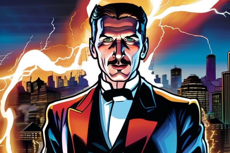 Thunderbolt Titan: Nikola Tesla Unleashes Electric Fury! A dynamic DC Comic-style cover features Nikola Tesla, eyes blazing with electrified intensity, as he harnesses the power of lightning to fuel his superhuman feats. In the background, a vibrant Tesla coil crackles with energy, illuminating the dark cityscape. Tesla's pose exudes confidence and determination, his suit emblazoned with electric blue accents. The title font bursts with bright colors, beckoning readers to join the electrifying adventure!