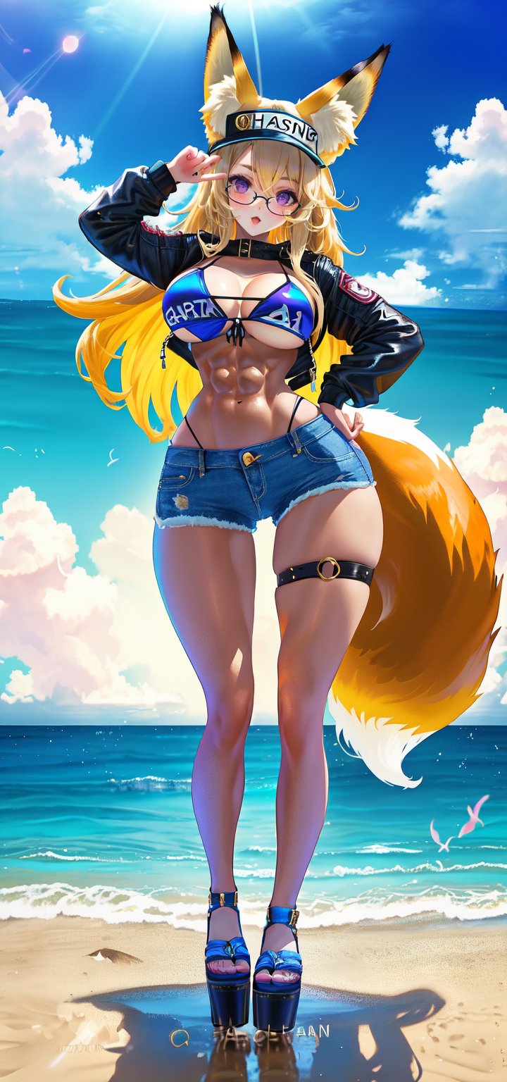 hourglass figure, xxmix_girl, fullbody, full body, a woman takes a fisheye on a beach at morning, the wind blowing through her messy long blonde hair. The sea stretches out behind her, creating a stunning aesthetic and atmosphere with a rating of 1.2., xxmix girl woman, fox ears, brown airservice jacket, asian american, purple eyes, cool pose, with toned muscular abs, glasses on her face, fox tail coming from behind her, muscular, modelshoot style, xjrex, serious, long legs, legs, full-body_, full-body_portrait, full-length_portrait, full, barefoot, mature girl, adult, ((glasses)), long legs, skinny, skinny legs, 1 girl, sexy, rha30, (full body), (fox ears), Thick Thighs, Thigh Gap, Wide Hips, Thin Waist, csr style, sakimichan, bikini, denim short, sandals, 