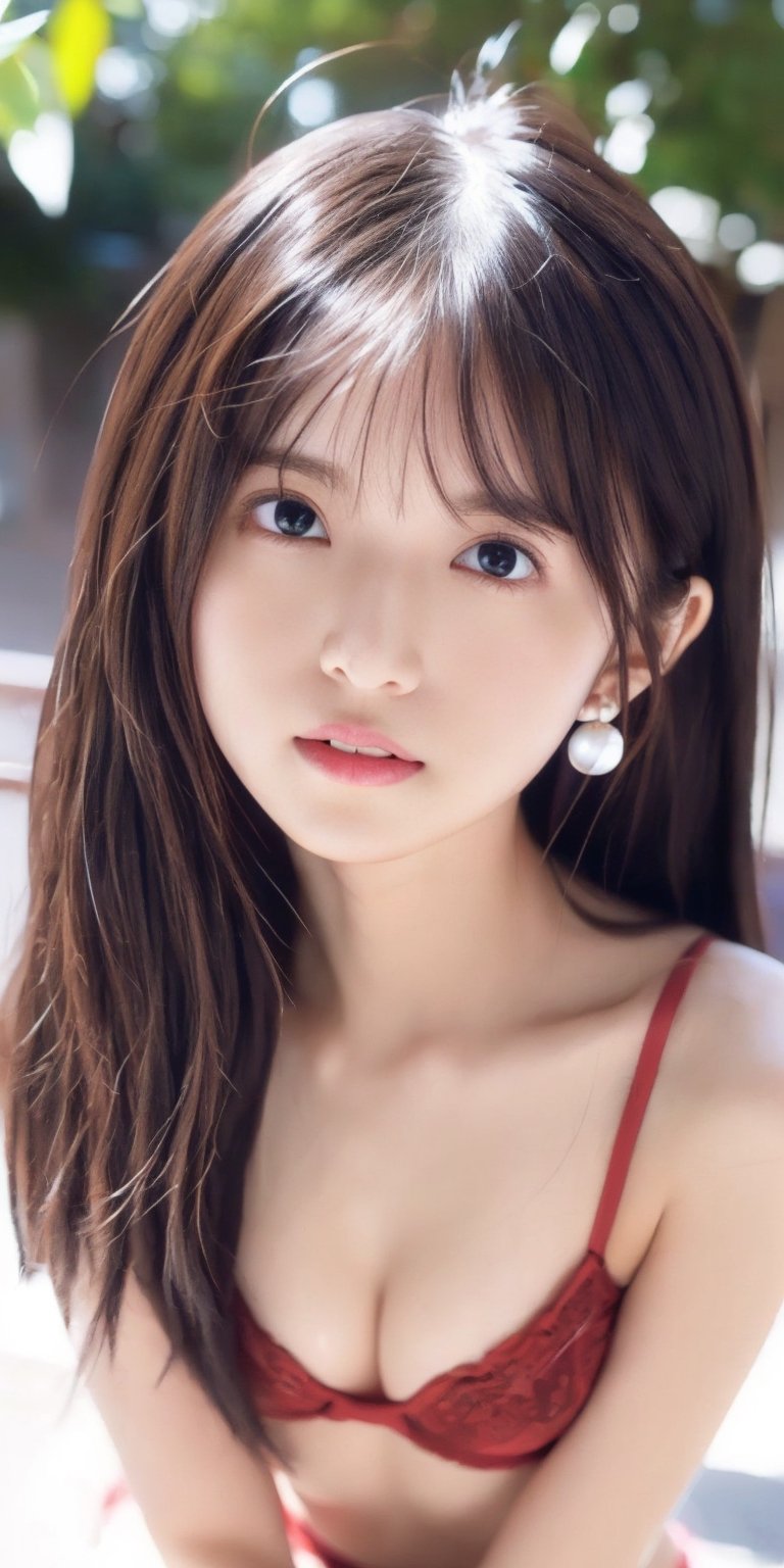 1 girl, very bright backlighting, solo, {beautiful and detailed eyes}, summer night, very small breasts, dazzling moonlight, calm expression, natural and soft light, hair blown by the breeze, delicate facial features,Blunt bangs, beautiful korean girl, eye smile, very small earrings, 22yo, ((model pose)),(bra, panties.), (slimness body type,(colorful hair, Half red and half brown hair:1.2), flim grain, realhands, masterpiece, Best Quality, photorealistic, ultra-detailed, finely detailed, high resolution,brown messy hair,), 	micro bikini,,small breasts,all fours,
 perfect dynamic composition, beautiful detailed eyes, exhibitionism,asian girl,((nervous and embarrassed)),sharp-focus,  beautymix, FilmGirl,smile,cowboy_shot,iu,nanase_nishino,asuka_saito,asuka