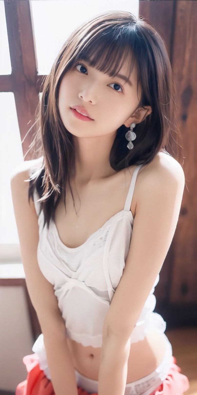 1 girl, very bright backlighting, solo, {beautiful and detailed eyes}, summer night, very small breasts, dazzling moonlight, calm expression, natural and soft light, hair blown by the breeze, delicate facial features,Blunt bangs, beautiful korean girl, eye smile, very small earrings, 22yo, ((model pose)),(white camisole, white panties.), (slimness body type,(colorful hair, Half red and half brown hair:1.2), flim grain, realhands, masterpiece, Best Quality, photorealistic, ultra-detailed, finely detailed, high resolution,brown messy hair,), 	micro bikini,,small breasts,all fours,
 perfect dynamic composition, beautiful detailed eyes, exhibitionism,asian girl,((nervous and embarrassed)),sharp-focus,  beautymix, FilmGirl,smile,cowboy_shot,iu,nanase_nishino,asuka_saito,asuka