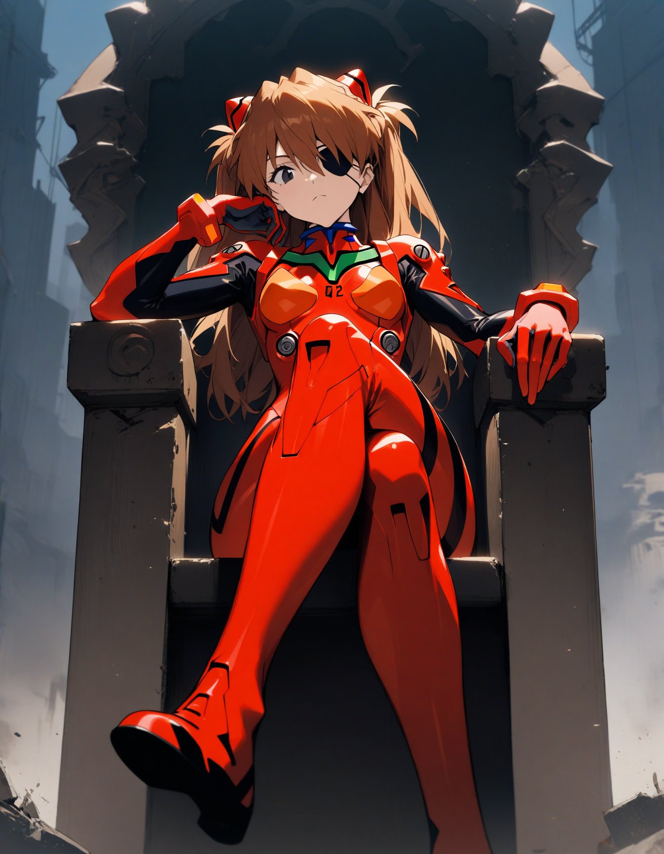 1girl, souryuu asuka langley, neon genesis evangelion, rebuild of evangelion, 
plugsuit, pilot suit, red bodysuit, sitting, crossed legs, black eye patch, throne, looking down, from bottom, looking at viewer, outdoors, 
masterpiece, best quality, very aesthetic, absurdres