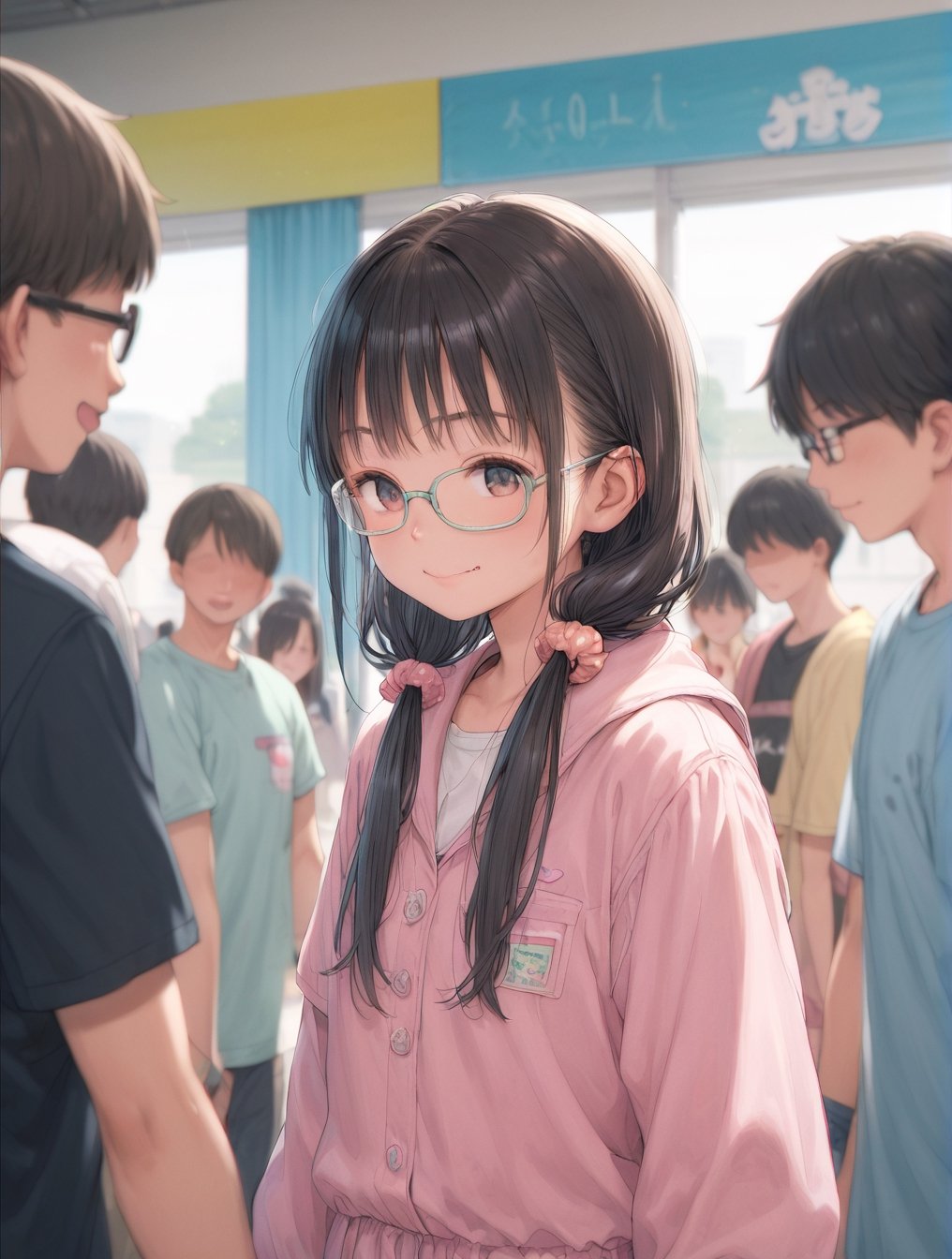 score_9, score_8_up, score_7_up, 
source_anime, 
BREAK 
1girl, loli, yumekawa, yumekawaii, (colorful, pastel colors), 
black hair, long low twintails, hair scrunchie, glasses, smile, fang, 
BREAK 
female focus, solo focus, 
class room, indoors, faceless child crowd, 
depth of field, 
chromatic aberrations, countershading, 