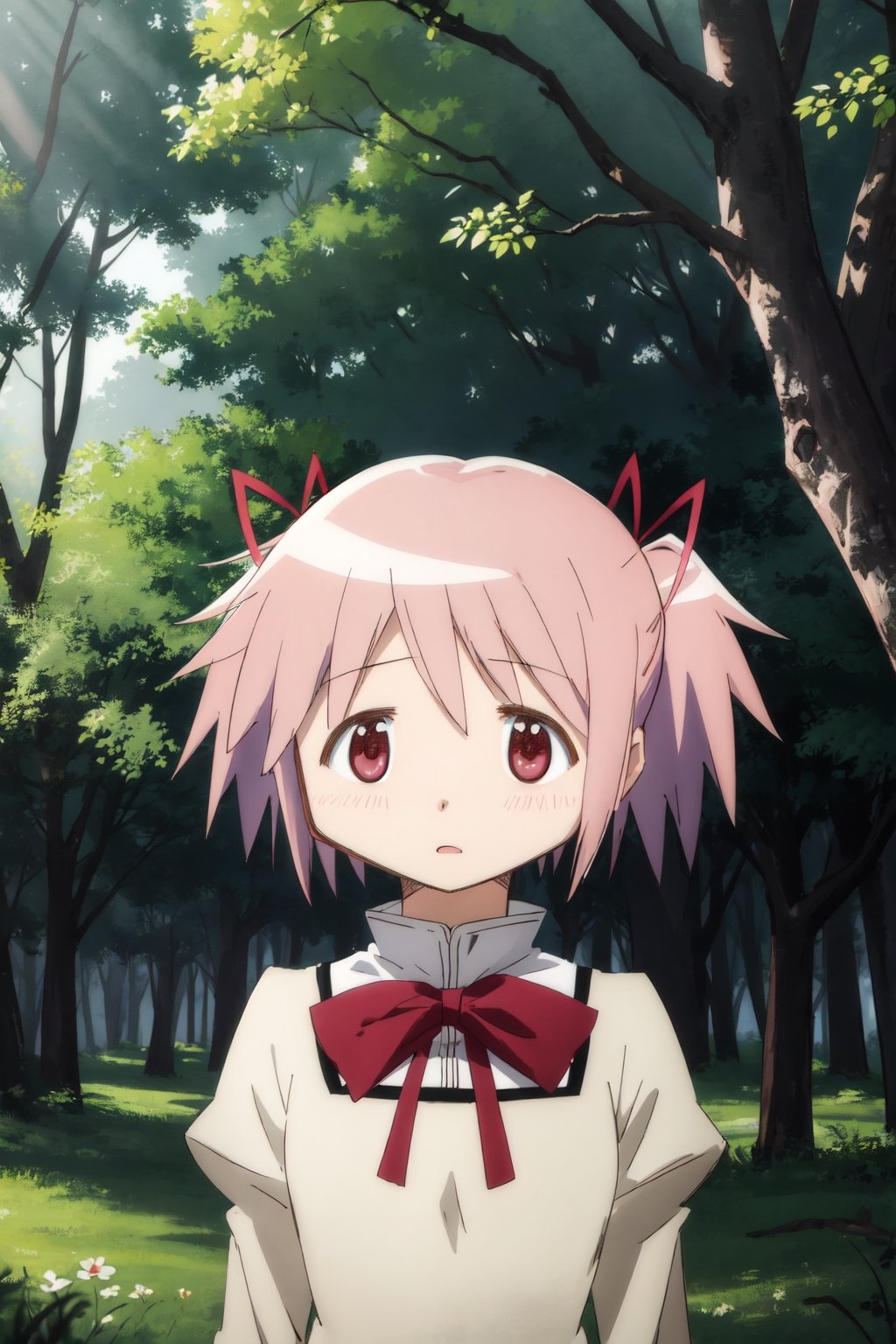 masterpiece, 1girl, in forest, trees around, madoka kaname