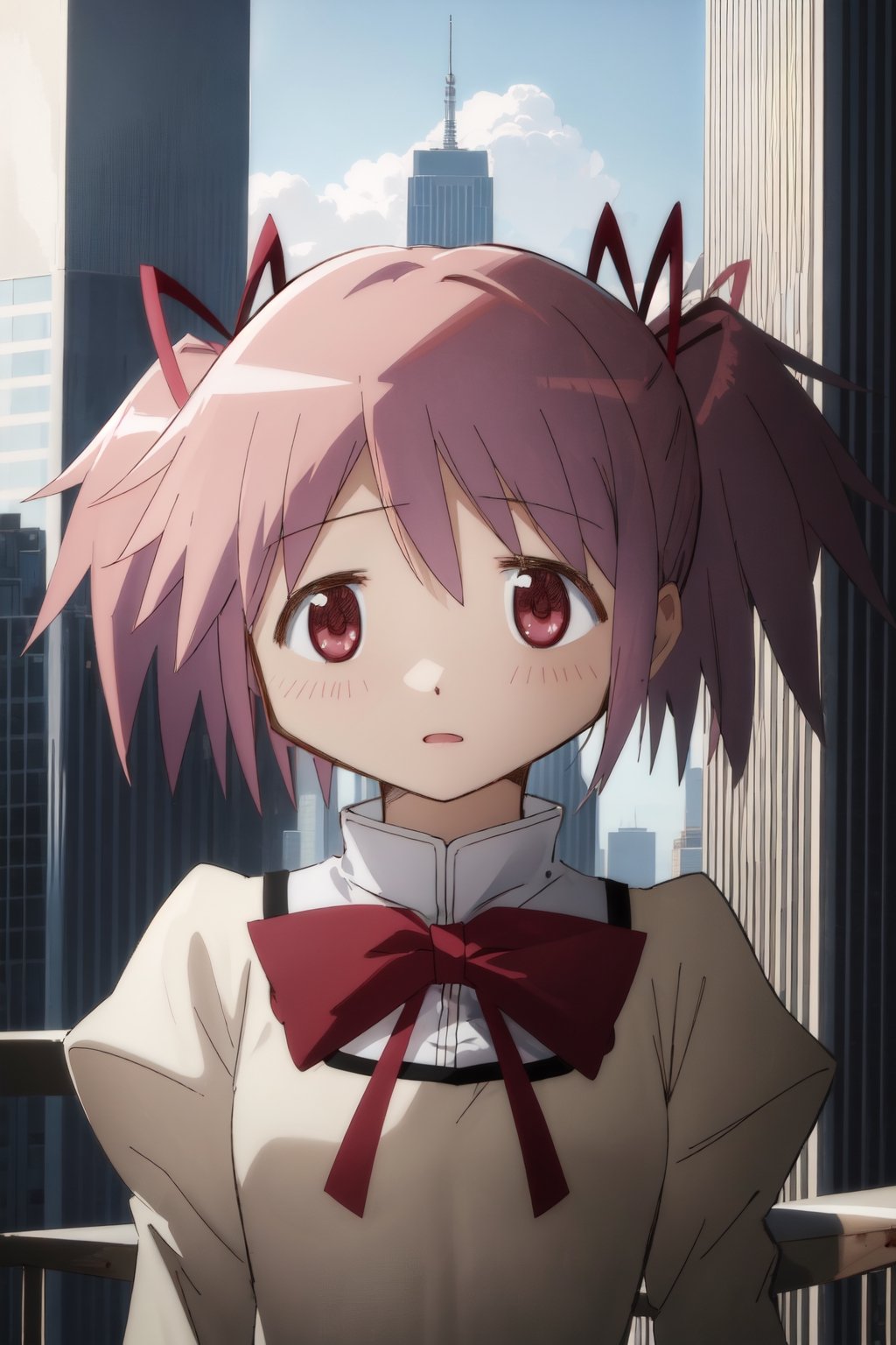 masterpiece, 1girl, madoka kaname, school uniform, upper body focus, on the roof of sky scraper, holding sword, blood, madness