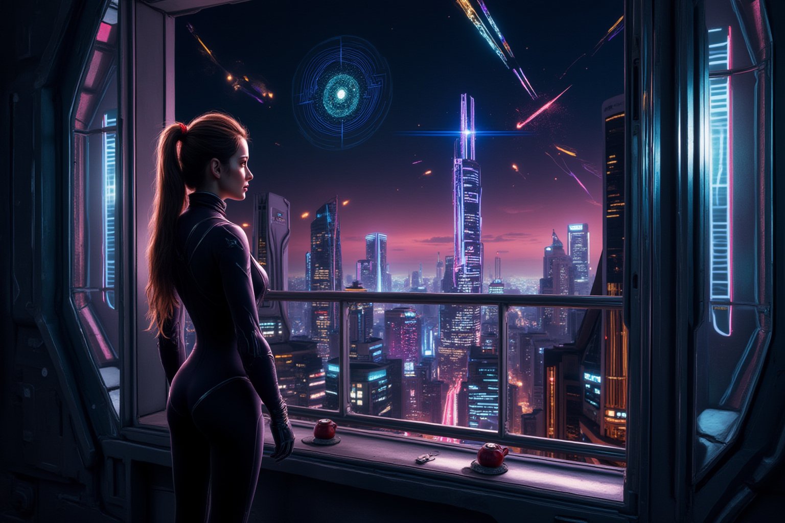 A young woman, dressed in a futuristic bodysuit, stands in a high-rise laboratory overlooking a vibrant, neon-lit cityscape at night. She gazes out the window, lost in thought, as shooting stars streak across the sky. The laboratory's sleek, metallic walls are adorned with holographic displays of celestial bodies and scientific data. A sense of both wonder and determination is conveyed in her expression as she contemplates the mysteries of the universe.