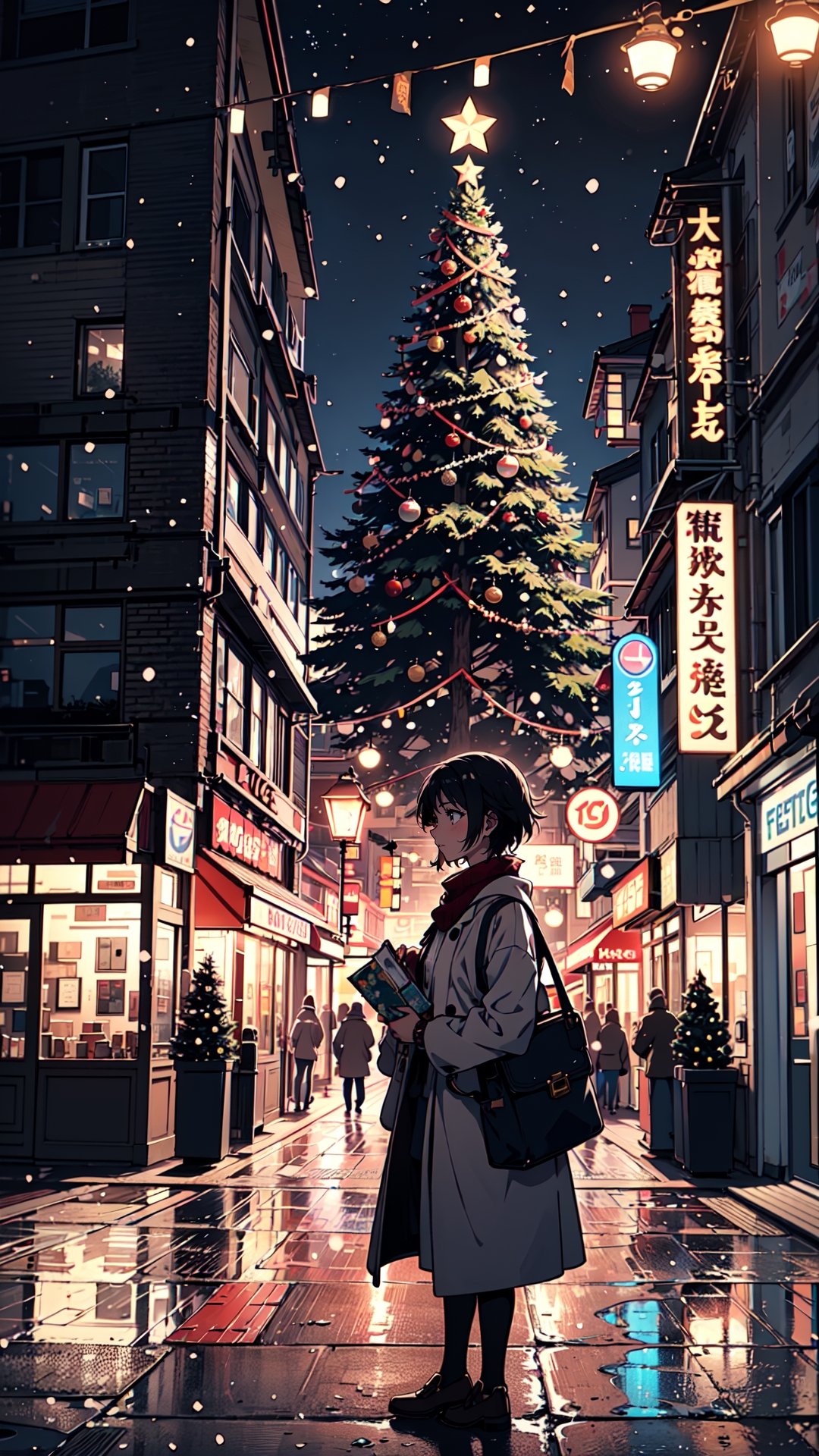 Transport yourself to a mesmerizing wintry evening through an anime masterpiece inspired by Makoto Shinkai's iconic style. Picture a snow-laden street corner illuminated by the soft glow of streetlights, with Christmas enchantment echoing from every storefront. Capture the intricate details of the snowflakes falling gently, settling on the ground and rooftops. Infuse the scene with the warm hues of festive decorations, highlighting the magic of the season. Include a few meticulously drawn Christmas trees, adorned with twinkling lights and ornaments, standing proudly along the street. Ensure the artwork exudes clarity, capturing the beauty of every detail in Shinkai's distinctive anime aesthetic. Let the image tell a story of serene winter charm and the joyous spirit of Christmas in a bustling, snow-kissed cityscape