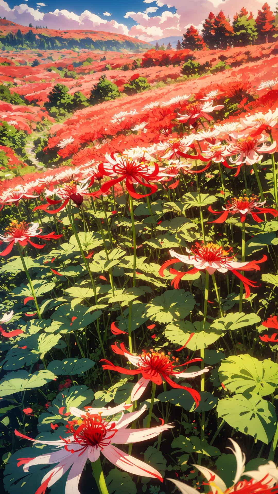 
scene of a forest of spider lilies, the landscape is filled with red, red grass, red light