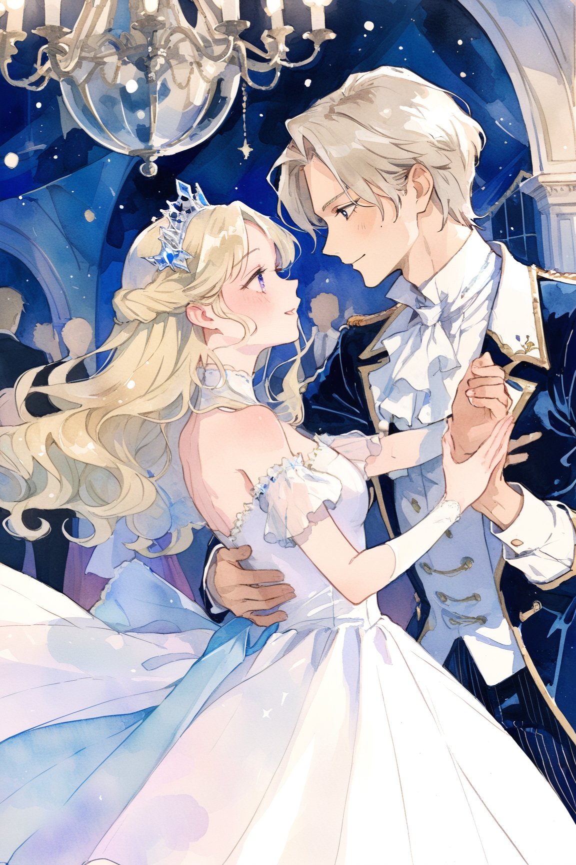 aesthetic,1 boy and 1 girl, dancing, blond_hair, perspective, prince and princess,close up, ball room,