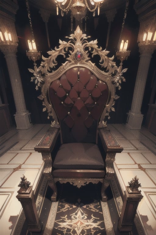 Masterpiece, beautiful details, perfect focus, uniform 8K wallpaper, high resolution, royal hall, a throne in the middle,Empty room, Gloomy composition,black and bronze Throne, stain glass, chandelier,Throne close-up, (no human),