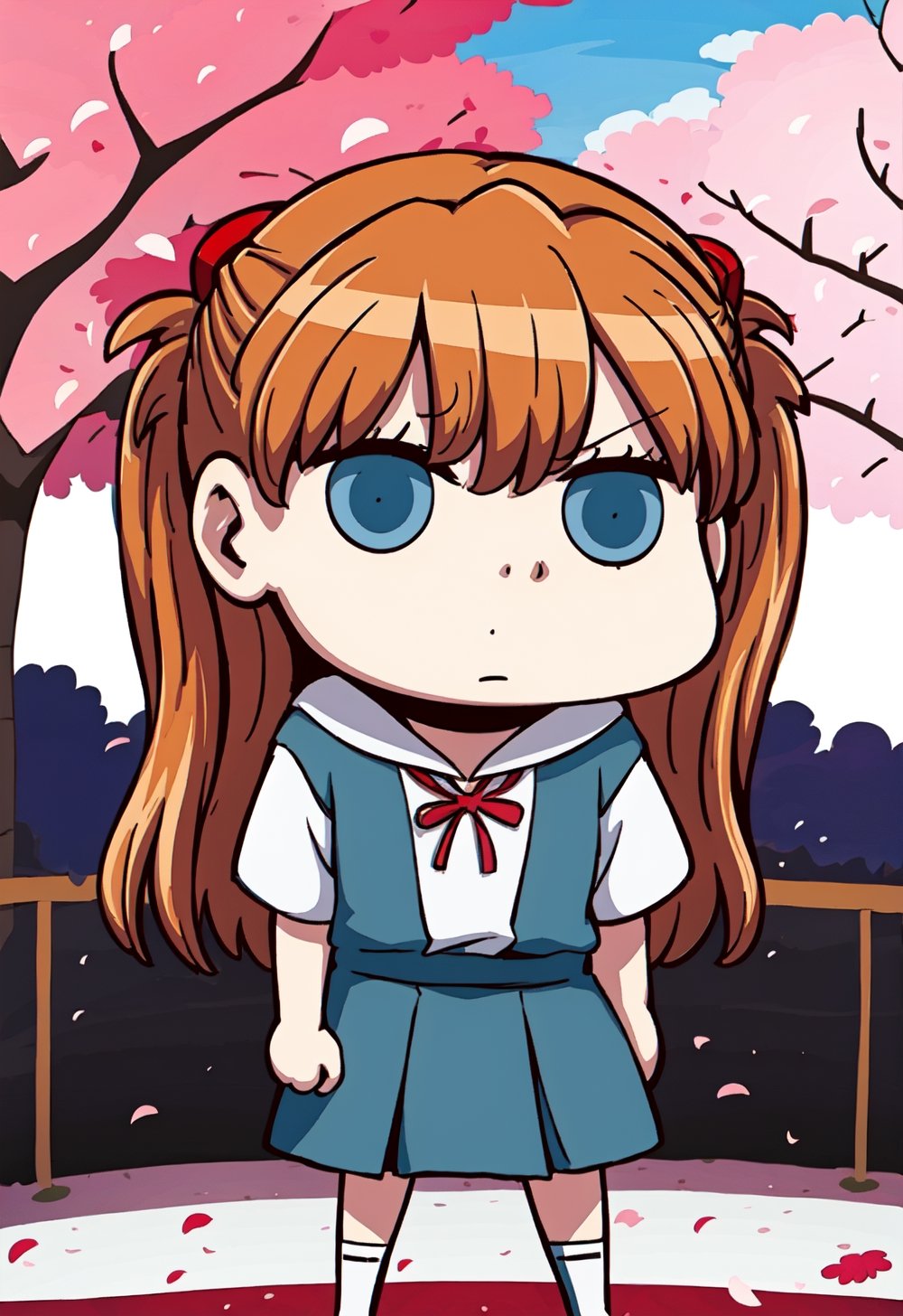 ((masterpiece, best quality)), ((1girl)), solo, fgoap, chibi,souryuuasukalangley, tokyo-3_middle_school_uniform, red ribbon, school_uniform, white socks, looking at viewer, shy,  city park, cherry blossoms, 