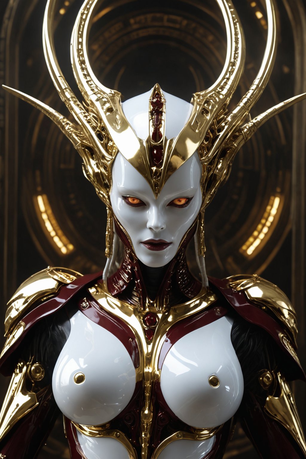 Futuristic alien woman goddess,  white porcelain face,  in polished chrome armor with glowing gold and burgundy accents by...