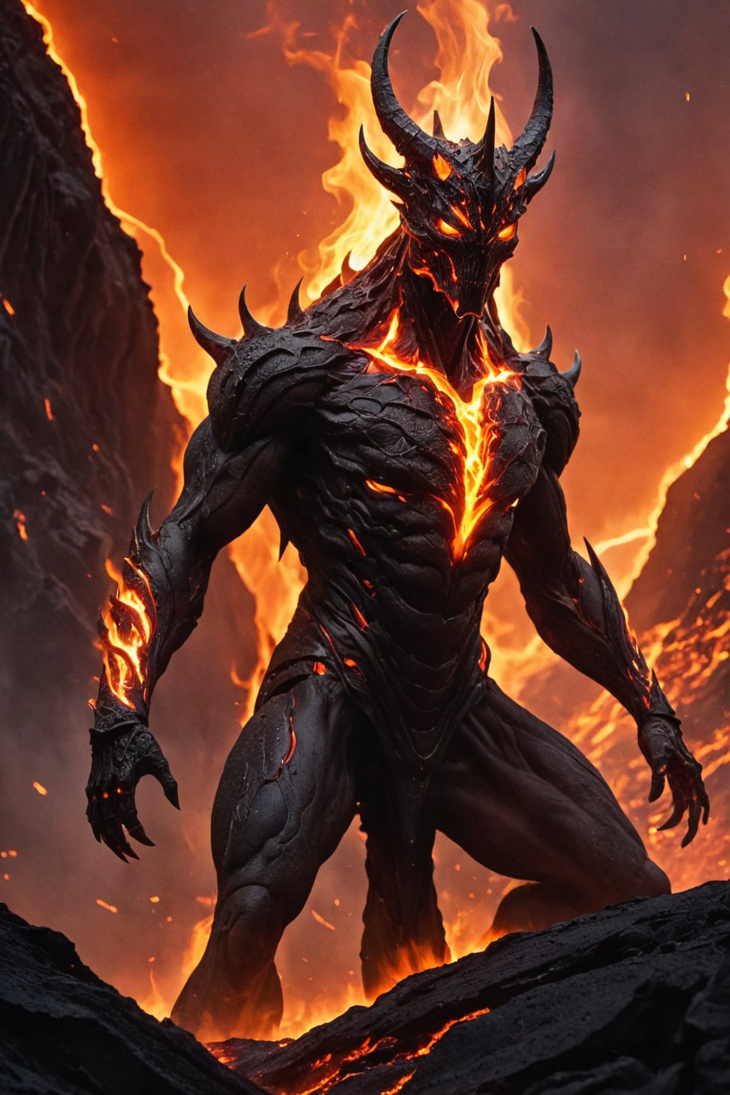 A stunningly bizarre and otherworldly creature,  seemingly emerging from the heart of a raging volcanic eruption on a dist...