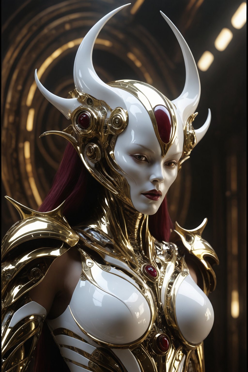 Futuristic alien woman goddess,  white porcelain face,  in polished chrome armor with glowing gold and burgundy accents by...