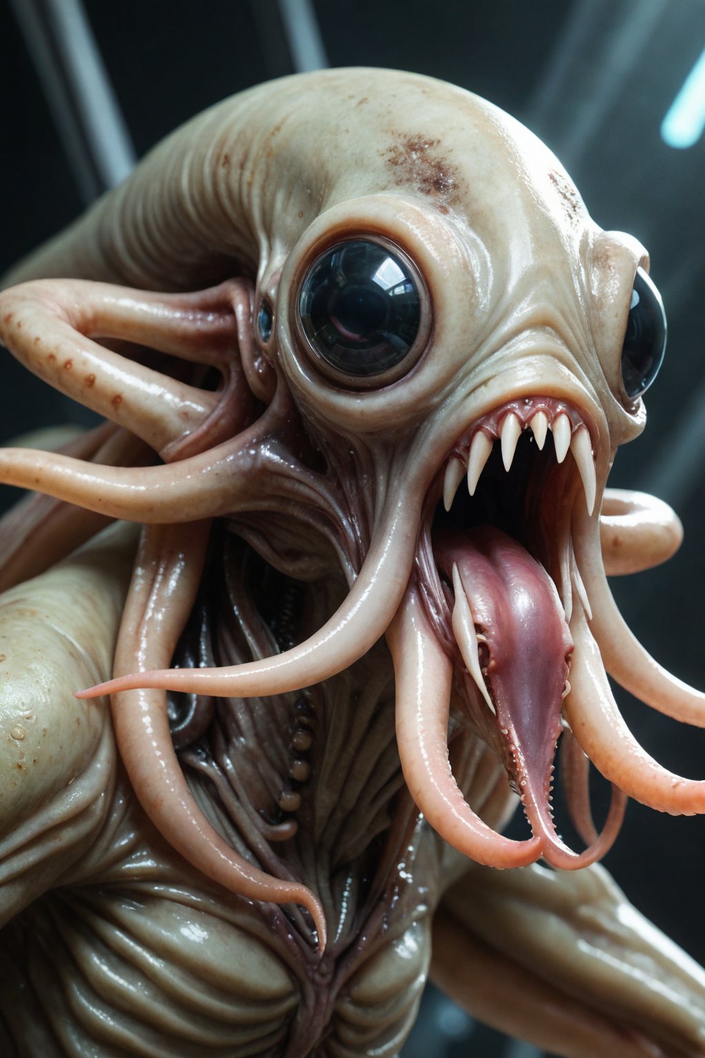 Squid-like alien creature with a big mouth filled with razor teeth,  sci-fi theme,  detailed digital painting by user_6672...