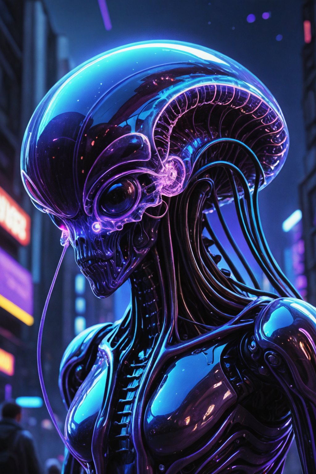 Jellyfish alien with a skinny,  reptile-like eyes,  big round head filled with circuitry by user_667264680565160828 on Ten...