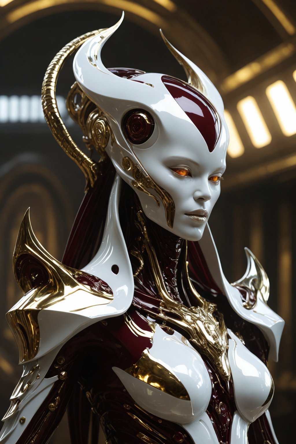 Futuristic alien woman goddess,  white porcelain face,  in polished chrome armor with glowing gold and burgundy accents by...