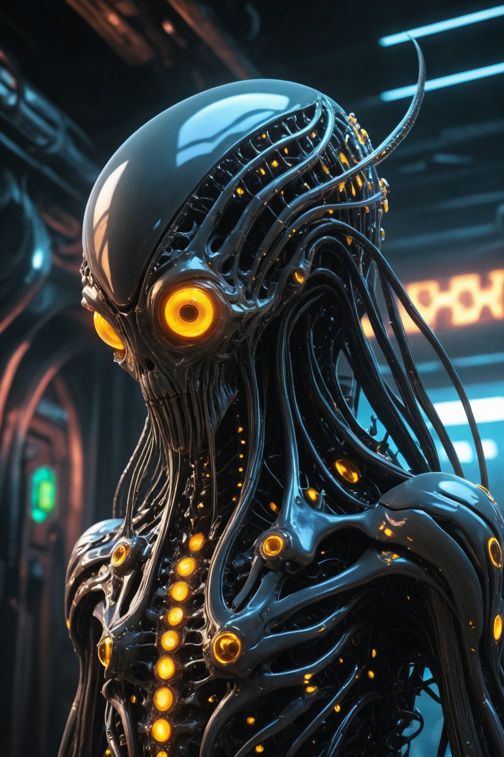 Jellyfish alien with a skinny,  reptile-like eyes,  big head filled with circuitry by user_667264680565160828 on Tensor.Art